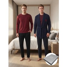 D's Damat Çeyiz Seti Kutulu Özel Seri 3'lü Pijama ve Robdöşambr Takımı Bordo