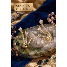 Stainless Steel Pirinç Gold Renk Zirkon Taşlı Üç Taş Model Küpe