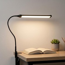 Fimer LED Masa Lambası – 12W USB Güç Girişli, Esnek Kol, Klipsli Tasarım, 3 Renk Sıcaklığı (2800K/4200K/6000K), Kısılabilir Dimmer Anahtarlı | Siyah 555