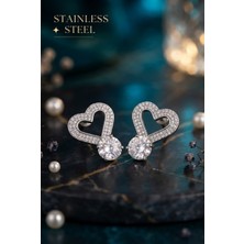Stainless Steel Pirinç Gümüş Renk Zirkon Taşlı Kalp Model Damla Zirkon Taş Detay Küpe