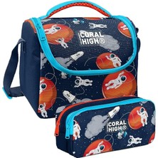 Fimer High Lacivert Mavi Astronot Desenli Erkek Çocuk Isı Yalıtımlı Beslenme Çantası ve Kalemlik Set