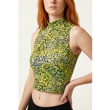 New Boudoir Yeşil Leopar Desenli Kolsuz Dik Yaka Bluz