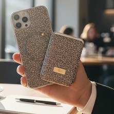 Fimer iPhone 14 Pro ile Uyumlu Kılıf Parlak Elmas Desen Taşlı Magsafe ile Uyumlu Magnetik Kartlık Elegance Kapak Iphone 14 Pro Için Kilif Kablosuz Şarj Diamond Wallet Case 14 Pro Desert Titanyum