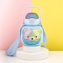 Fimer 21.0008 Ayıcık Figürlü Matara Pipetli Askılı Suluk Stıcker Hediyeli Su Şişesi - Mavi 1000 ml