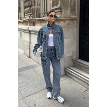 Bejna Kadın Çiçek Yama Taş Detaylı Denim Takım