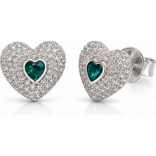 Servi 925 Ayar Gümüş Emerald Love Zümrüt Rengi Taşlı Kalp Küpe
