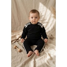 Ciciben Siyah Beyaz Şeritli Kurdele Detaylı Kız Bebek ve Çocuk Pamuklu Eşofman Takımı - Yumuşak Dokulu Iki Iplik Sweatshirt ve Pantolon Seti