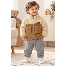 Bebek Çocuk Cepli Peluş Ceket ve Gri Jogger 2'li Takım