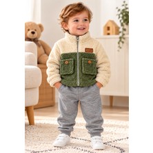 Bebek Çocuk Cepli Peluş Ceket ve Gri Jogger 2'li Takım