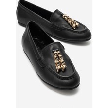 Luvi Nowell Siyah Cilt Hakiki Deri Metal Fiyonklu Kadın Loafer Ayakkabı
