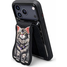Nimmy Manyetik Standlı iPhone 18 Pro Max Uyumlu Kartlıklı Magsafe 3D Nakışlı Kedi Figürlü Kılıf