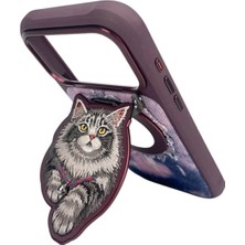 Nimmy Bordo iPhone 18 Pro Uyumlu Magsafe 3D Nakışlı Kedi Ayna & Değiştirilebilir Standlı Kot Kılıf