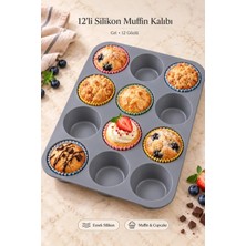 Tilbe Home 12'li Silikon Muffin Kalıbı Gri Cupcake Mini Kek Browni Kurabiye Tatlı Pişirme Tepsisi Esnek Tek Parça Yuvarlak Bölmeli Porsiyonluk İkram Hazırlama Yanmaz Yapışmaz Mutfak Kek Kalıbı