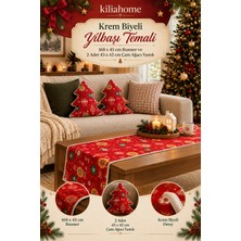 Kilia Home Krem Biyeli Yılbaşı Temalı Runner ve Çam Ağacı Yastık Seti – 168X45 cm Runner + 2 Adet 43X42 cm Yastık