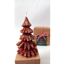 SBN - Store Prime Doğal Petek Mum Kırmızı Altın Simli Çam Ağacı Boy 8.5 cm Bal Mumu Beeswax Candle
