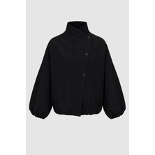 Thalure Kadın Siyah Kruvaze Oversize Bomber Ceket