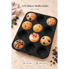 Tilbe Home 12'li Silikon Muffin Kalıbı Siyah Renk Cupcake Mini Kek Browni Kurabiye Tatlı Pişirme Tepsisi Esnek Tek Parça Yuvarlak Bölmeli Porsiyonluk İkram Hazırlama Yanmaz Yapışmaz Mutfak Kek Kalıbı