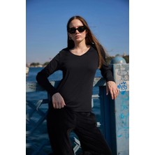 Defy's Kadın V Yaka Uzun Kollu Regular Fit Basic Tişört Siyah