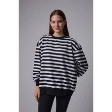 Defy's Helen Kadın Tüylenme Yapmayan Organik Pamuklu 2 İplik Yuvarlak Yaka Oversize Çizgili Siyah Sweatshirt