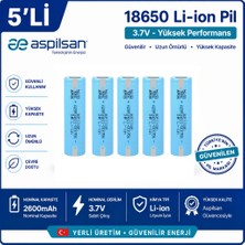 İnfostar Aspilsan Puntalı 18650 2600MAH 3.7V Li-Ion Şarjlı Pil 5'li Paket | INR18650A28 Orijinal Lityum Iyon Batarya | Yerli Üretim