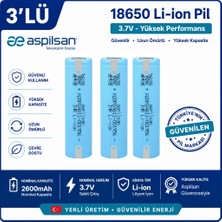 İnfostar Aspilsan Puntalı 18650 2600MAH 3.7V Li-Ion Şarjlı Pil 3'lü Paket | Orijinal INR18650A28 Lityum Iyon Batarya | Yerli Üretim