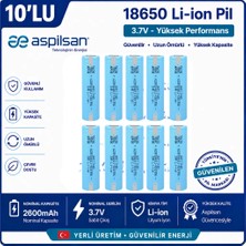 İnfostar Aspilsan Puntalı 18650 2600MAH 3.7V Li-Ion Şarjlı Pil 10'lu Paket | INR18650A28 Orijinal Lityum Iyon Batarya | Powerbank, E-Bisiklet ve Robot Projeleri Için