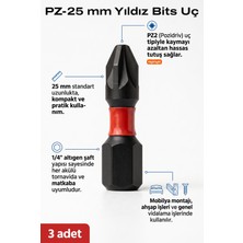 Azimli Pz2 Vidalama Ucu 25 mm Yıldız Bits Uç 3 Adet 1/4 Altıgen Şaft