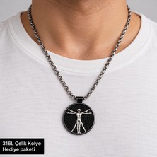 Herşey Nota 316L Çelik Erkek Kolye Vitruvius Insan Figürlü Yuvarlak Madalyon Arnavut Zincirli