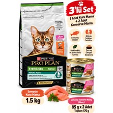 Pro Plan Sterilised 3’lü Kedi Mama Seti – Somonlu Kuru Mama 1,5 kg + Somonlu Güveç Konserve Mama 85 G x 2 Adet