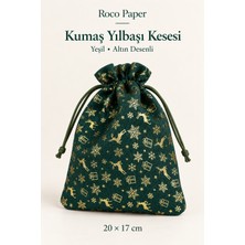 Yılbaşı Desenli Saten Kumaş Yeşil Hediye Kesesi, 6 ADET-20X17 Cm, Geyik ve Kar Desenli Ipli Torba