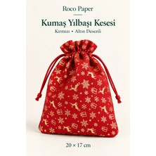 Yılbaşı Desenli Saten Kumaş Kırmızı Hediye Kesesi, 6 ADET-20X17 Cm, Geyik ve Kar Desenli Ipli Torba