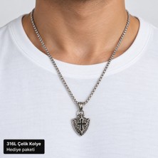 Herşey Nota 316L Çelik Erkek Kolye Işlemeli Kalkan Figürlü Şövalye Tarzı Zincirli Kolye 70 cm