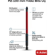 Azimli 100 mm Pz2 Vidalama Ucu 4 Adet Uzun Yıldız Bits Uç 1/4 Şaft