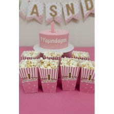 SBN - Store Prime 1 Yaş Doğum Günü Pembe Popcorn Kutusu, 8 Adet, Çizgili ve Puantiyeli Tasarım, Parti Süslemesi