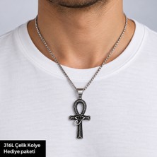 Herşey Nota 316L Çelik Horus Gözü Işlemeli Erkek Kolye 70 cm Zincirli Antik Mısır Sembolü