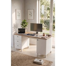 Robin Home Prime 160X60CM Çalışma Masası Ders Çalışma Masası Çekmeceli Dolaplı Ahşap Ayaklı Sepet-Beyaz