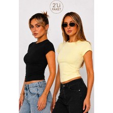 Cockatoo Kadın Siyah-Sarı Yuvarlak Yaka Kısa Kollu Slim Fit Tişört 2'li Paket (4803)