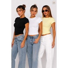 Cockatoo Kadın Siyah-Beyaz-Sarı Yuvarlak Yaka Kısa Kollu Slim Fit Tişört 3'li Paket (4803)