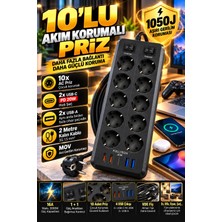 Merwish 10'lu Akım Korumalı Priz 1050 Joule, 2 Usb-C Pd 20W, 2 Usb-A, 2 Metre Kablolu, 16A 3680W, Çift Anahtarlı, Çocuk Korumalı Siyah Çoklu Priz