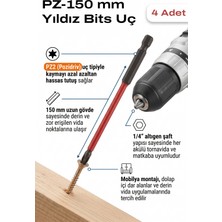 Azimli 150 mm Pz2 Vidalama Ucu 4 Adet Uzun Yıldız Bits Uç 1/4 Şaft