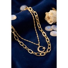 Alfa Brand Gold Renk Pirinç Ay Yıldız Model Kombin Kadın Kolye