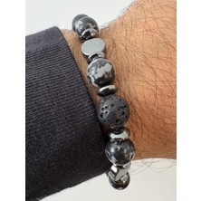 Almin Erkek Karlı Obsidyen Zihinsel Denge ve Huzur Doğal Taş Bilekliği, Lav ve Hematit Taşlı