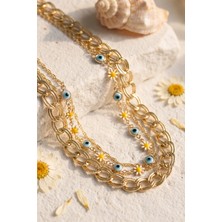 Alfa Brand Gold Renk Samanyolu Zincir Papatya ve Nazarlı Model Kombin Kadın Kolye