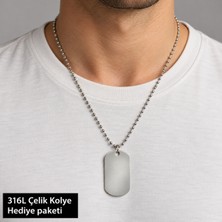 Herşey Nota 316L Çelik Düz Asker Künyesi Erkek Kolye 70 cm Boncuk Zincirli Minimalist Plaka Modeli