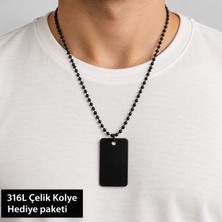 Herşey Nota 316L Çelik Siyah Dikdörtgen Plaka Erkek Kolye 70 cm Boncuk Zincirli Asker Künyesi