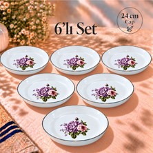 Emaye Muhallebi Yemek Kahvaltı Tabak Desenli 24CM , Çukur Tabak, Salata Tabak, Cips Tabak 6lı Set
