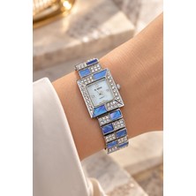 Rubenis Swiss Kadın Kol Saati 22X18 mm Kristal Taşlı Çelik Kasa ve Bilezik Mavi Sedef Detaylı