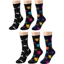 Nilya Unisex Kedi Desenli Çorap 6'lı Set Pamuklu Renkli Uzun Soket Dikişsiz Nefes Alan Rahat Günlük Çorap