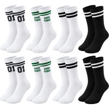 Nilya Unisex Çorap Çizgili 8'li Set 07 Good Vibes Yazılı Siyah Beyaz Uzun Soket Spor Kolej Stil Çorap