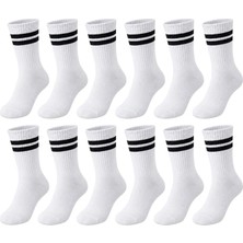 Nilya Unisex Beyaz Çorap Siyah Çizgili 12'li Set Uzun Soket Günlük Spor Kolej Stil Kadın Erkek Çorabı